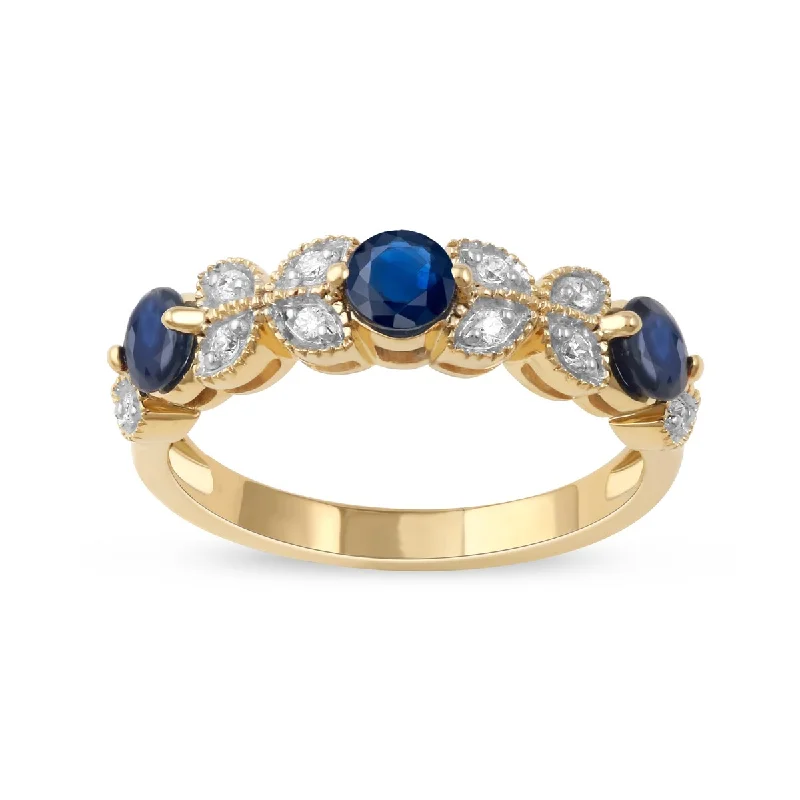 Women’s large statement ring-Blue Sapphire Gemstone 1/10ct Diamond Vinatge Ring in 10k Gold by De Couer