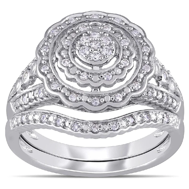 Women’s vintage gold ring-Miadora Sterling Silver 1/4ct TDW Diamond Double Floral Halo Bridal Ring Set