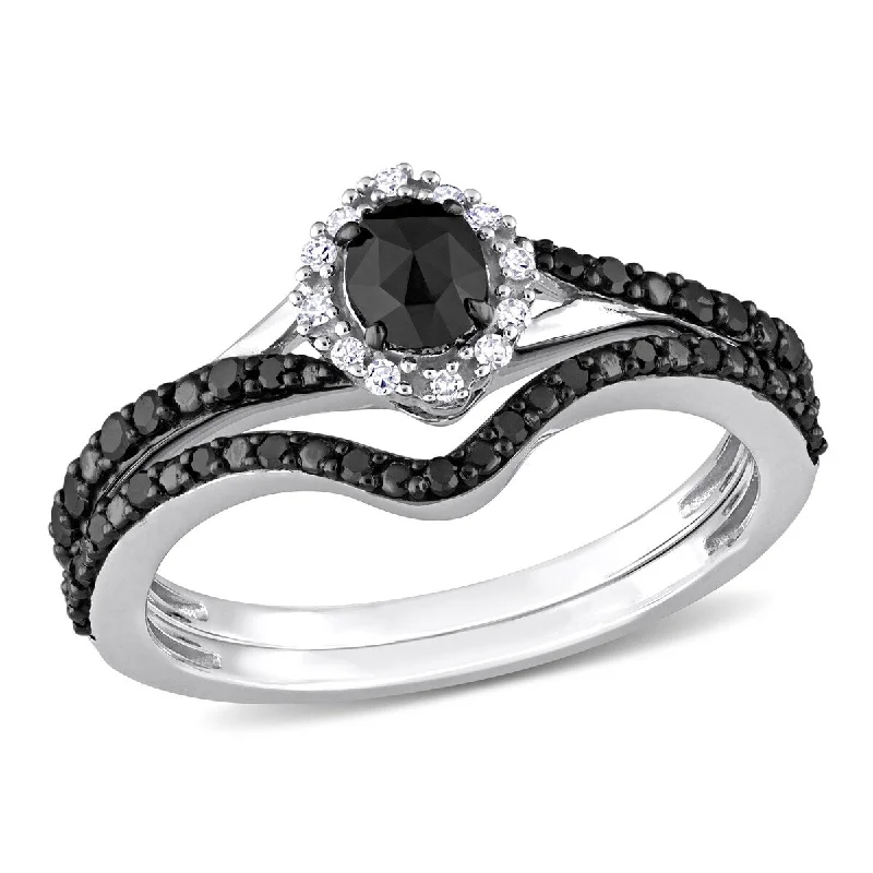 Women’s minimalist ring-Miadora 1/2ct TDW Black White Oval Round-Cut Diamonds Bridal Ring Set in 10k White Gold