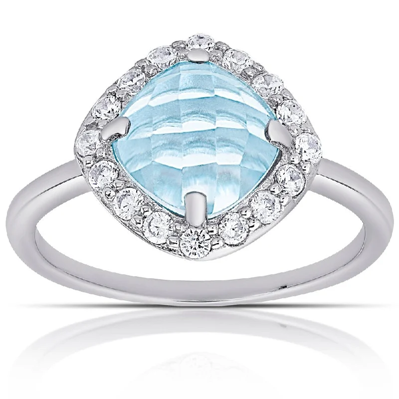 Women’s classic wedding ring-Dolce Giavonna Sterling Silver Blue Topaz and Cubic Zirconia Halo Design Ring - White