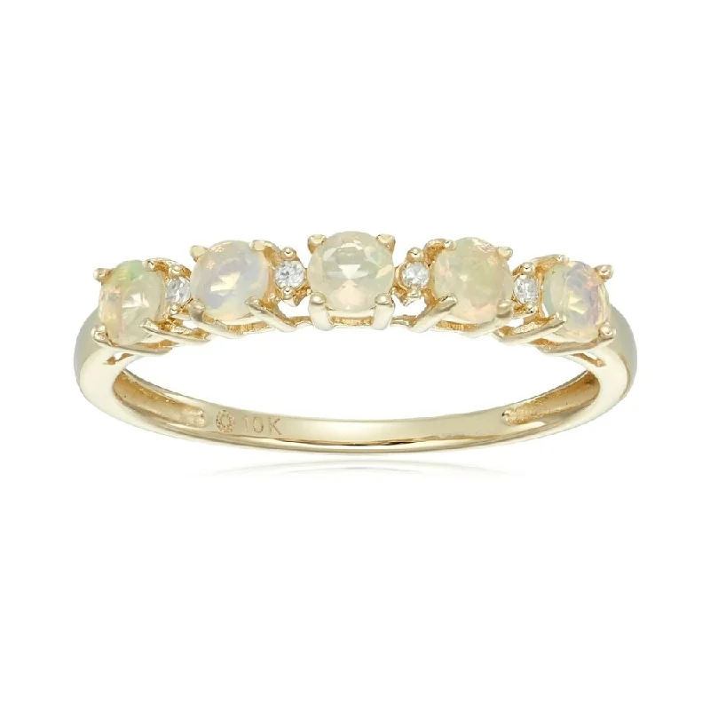 Women’s art deco ring-10k Yellow Gold Ethiopian Opal & Diamond Stackable Ring, Size 7 - White