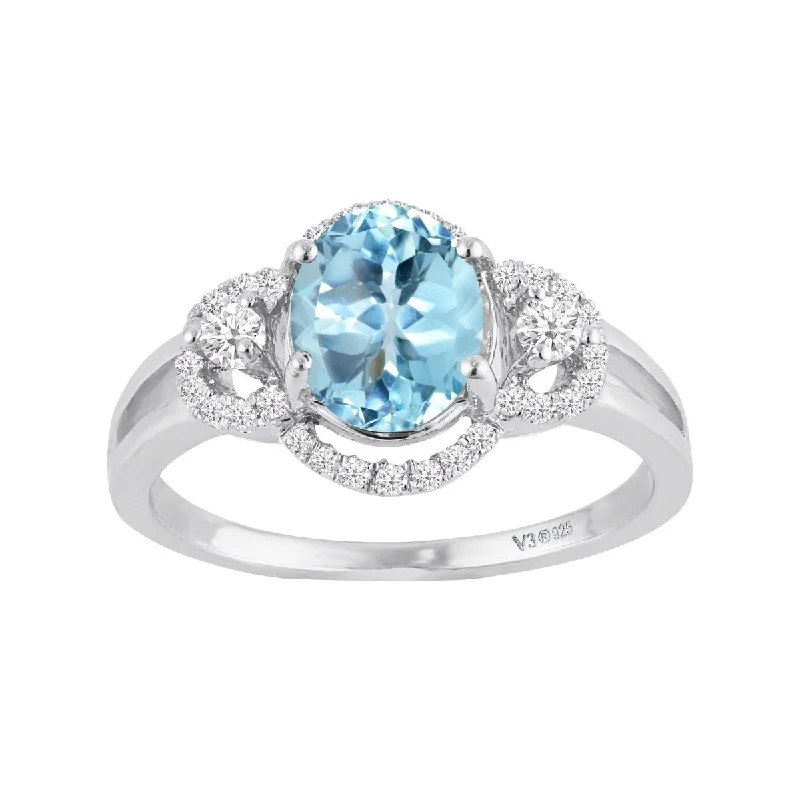 Women’s vintage gold ring-Sterling Silver with Natural Sky Blue Topaz and White Zircon Halo Ring