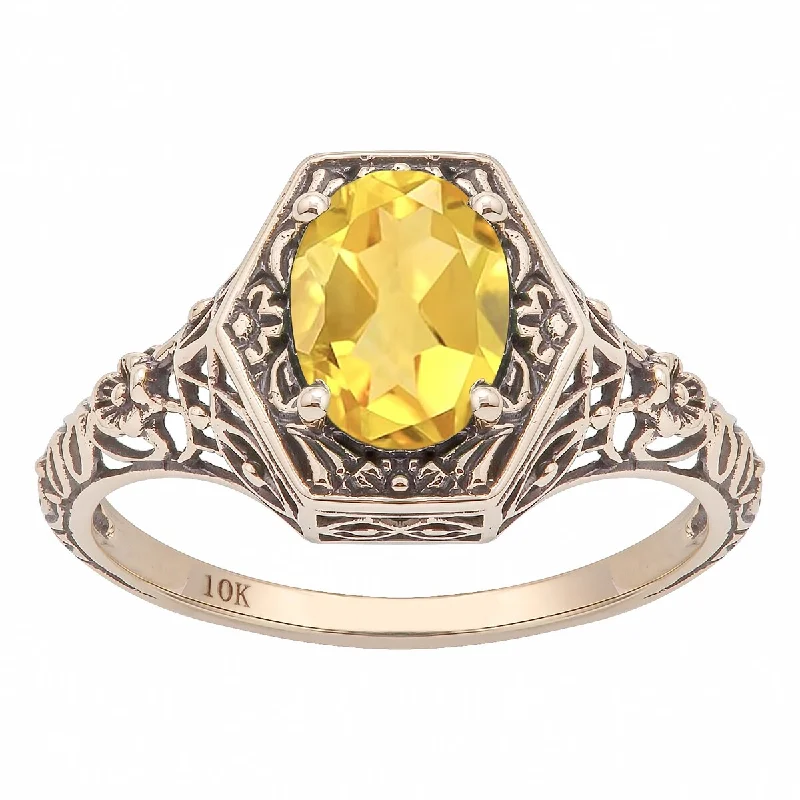 Women’s simple gold ring-Viducci 10k Yellow Gold Vintage Style Genuine Oval Citrine Ring