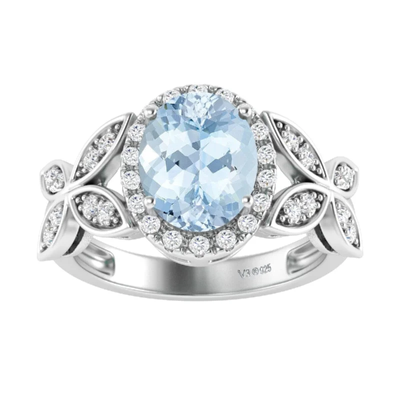 Women’s unique diamond ring-Sterling Silver with Natural Aquamarine and White Topaz Halo Ring