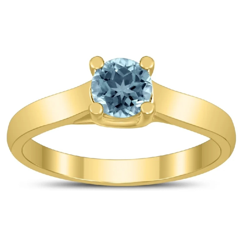 Women’s luxury ring-Round 5MM Aquamarine Cathedral Solitaire Ring in 10K Yellow Gold