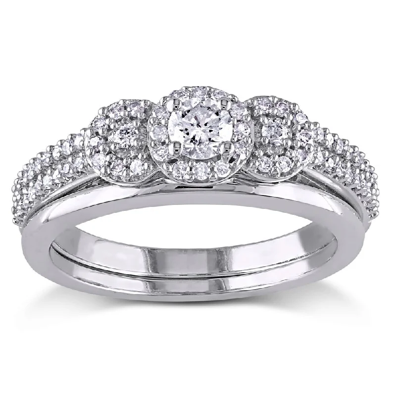 Women’s wide band ring-Miadora 10k White Gold 1/2ct TDW Diamond 3-stone Halo Bridal Ring Set