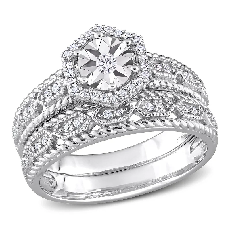 Women’s delicate ring-Miadora 1/4ct TW Diamond Hexagon Halo Bridal Ring Set in Sterling Silver