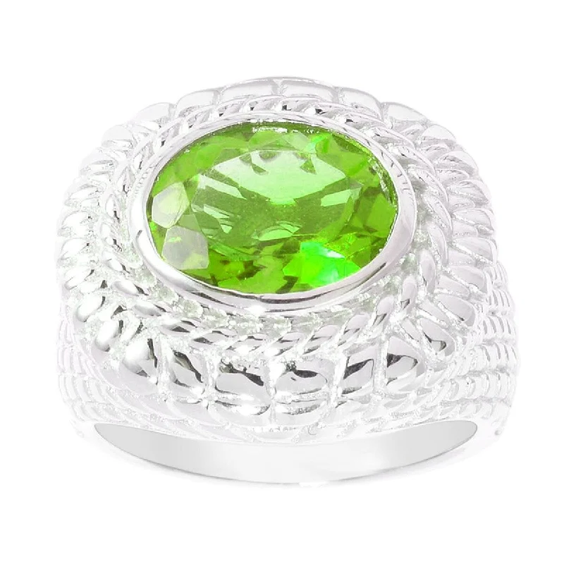 Women’s gemstone ring-Sterling Silver Natural Oval Peridot Wide Textured Ring