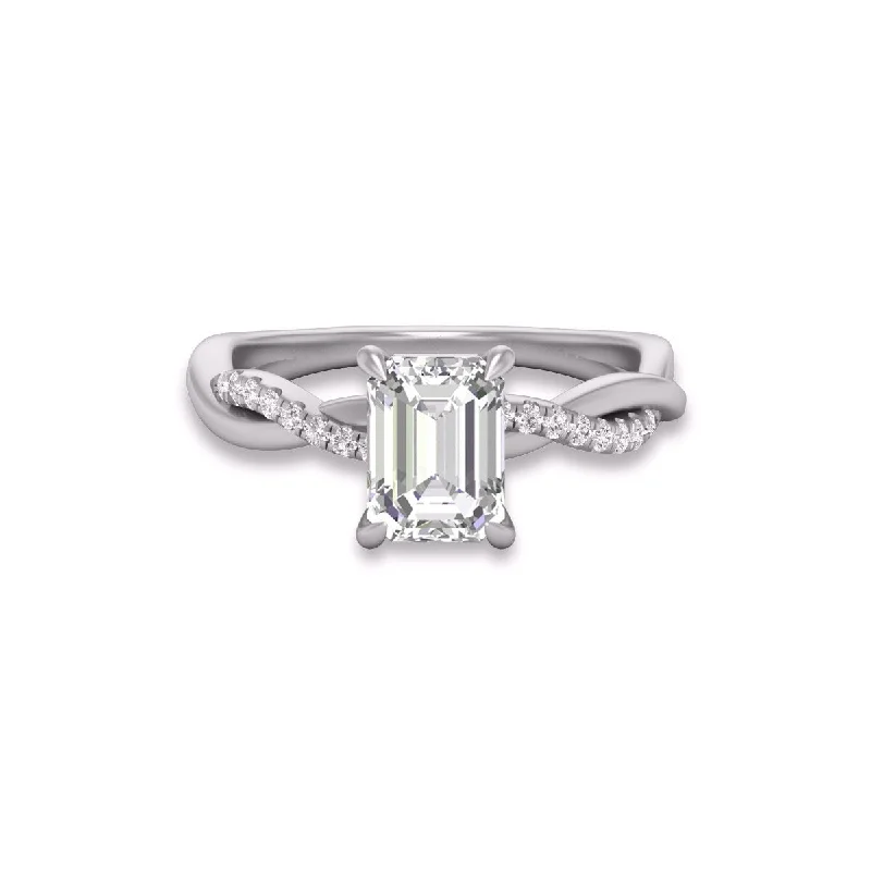 Women’s custom ring-Marquee Agatha Twisted Pave Ring with IGI Certified 2 Carat Lab-Grown Emerald Cut Diamond in 14K White Gold