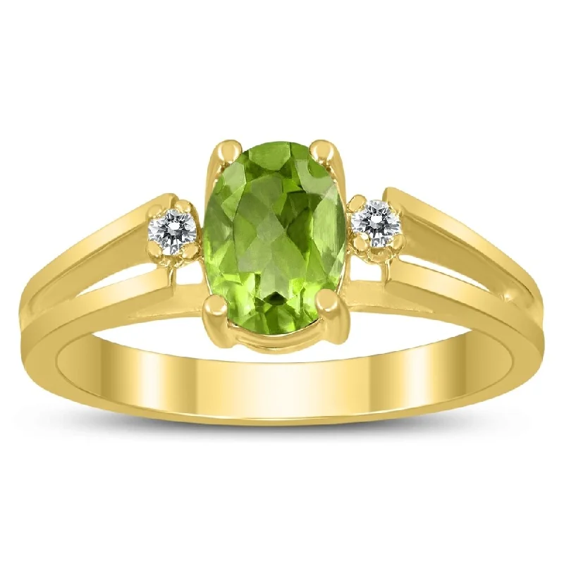 Women’s engagement ring-7X5MM Peridot and Diamond Open Three Stone Ring in 10K Yellow Gold