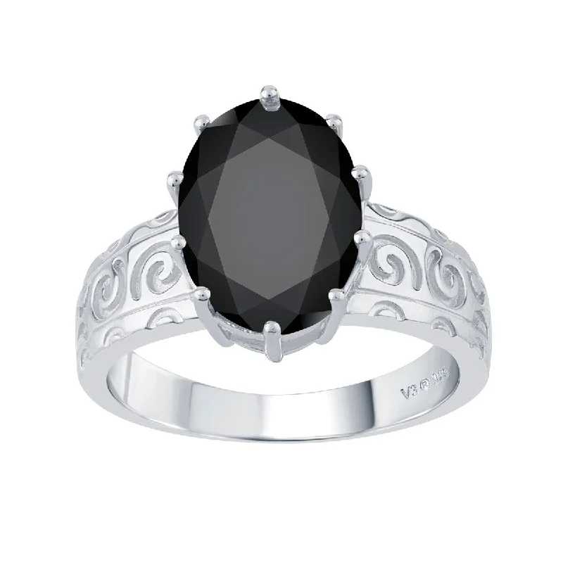 Women’s eternity ring-Sterling Silver with Natural Black Spinel Solitaire Swirl Engravework Ring