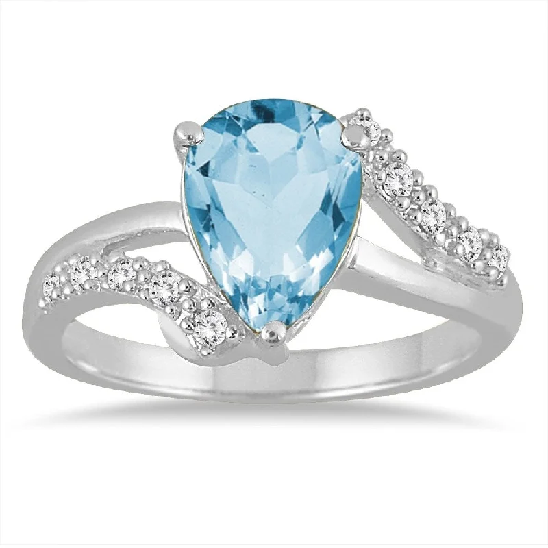 Women’s cubic zirconia ring-2 Carat Pear Shape Blue Topaz and Diamond Ring in 10K White Gold