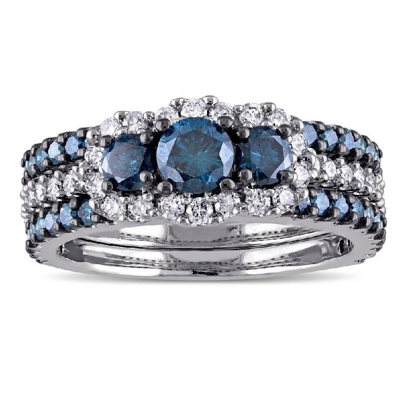 Women’s designer ring-Miadora Signature Collection 10k White Gold 2ct TDW Blue and White Diamond 3-stone Bridal Ring Set