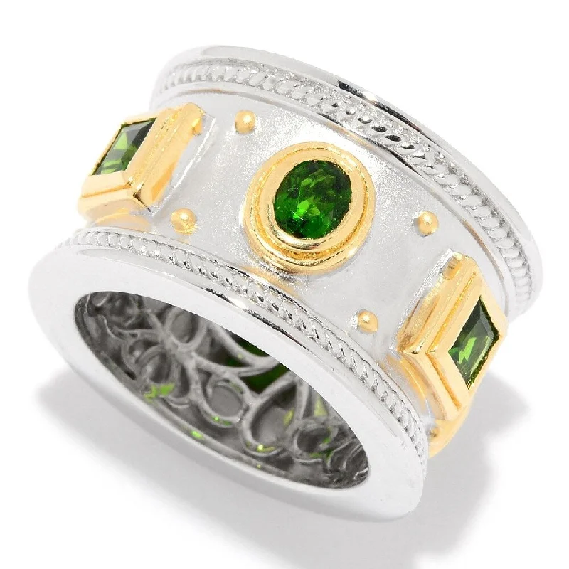 Women’s vintage gold ring-Sterling Silver Two-tone Chrome Diopside Etruscan Wide Band Ring