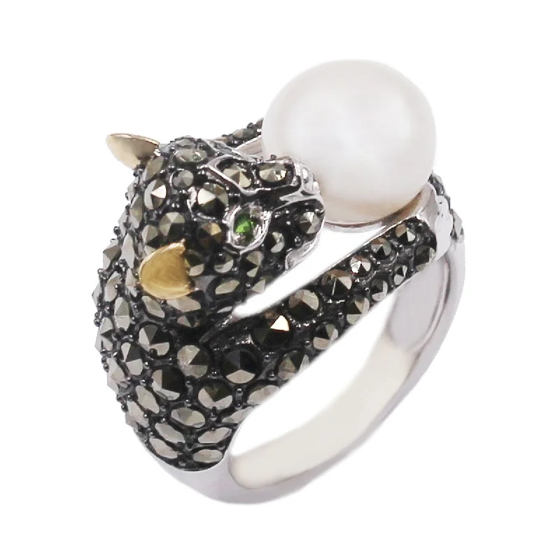 Women’s wedding set ring-14k Gold and Sterling Silver Pearl and Marcasite Ring