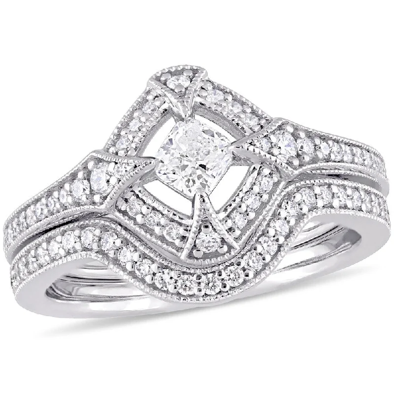 Women’s luxurious ring-Miadora 10k White Gold 3/4ct TDW Diamond Halo Bridal Ring Set