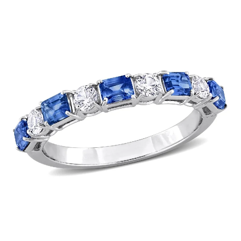 Women’s designer ring-Miadora 1 3/8ct TGW Blue White Sapphire Semi-Eternity Ring in 14k White Gold