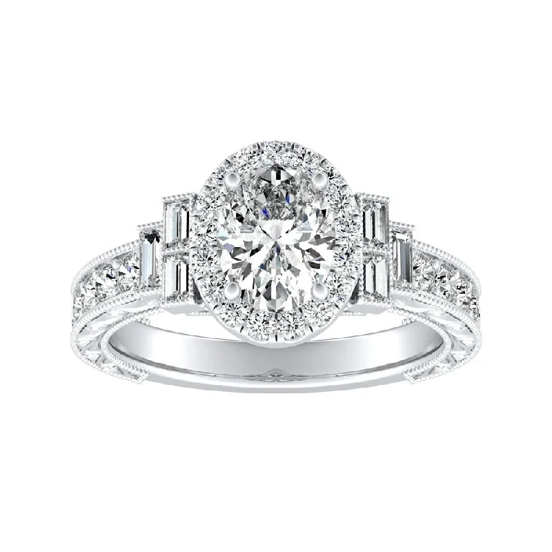 Women’s gemstone engagement ring-Auriya Platinum Vintage Art Deco Oval-cut Halo Diamond Ring 1 1/4cttw