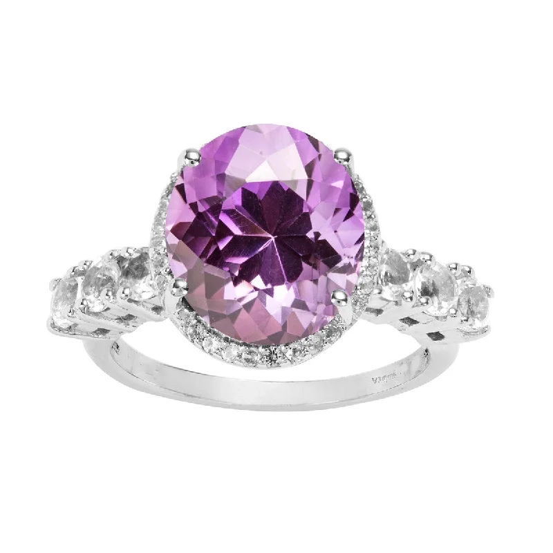 Women’s multi-colored gemstone ring-Sterling Silver with Natural Amethyst and White Zircon Halo Ring