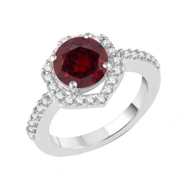 Women’s wide band ring-Sterling Silver with Natural Garnet and White Topaz Hexagon Halo Ring