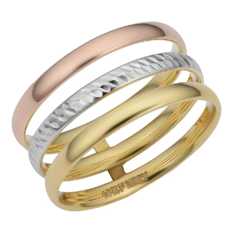 Women’s modern band ring-14k Tricolor Gold Polished/Diamond Cut Triple Band Ring