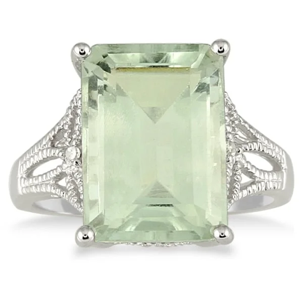 Women’s fine jewelry ring-7 Carat Emerald Cut Green Amethyst and Diamond Ring in 10K White Gold