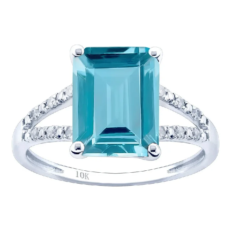 Women’s handmade ring-Viducci 10k White Gold Genuine Emerald-Shape Blue Topaz and Split-Shank Diamond Ring