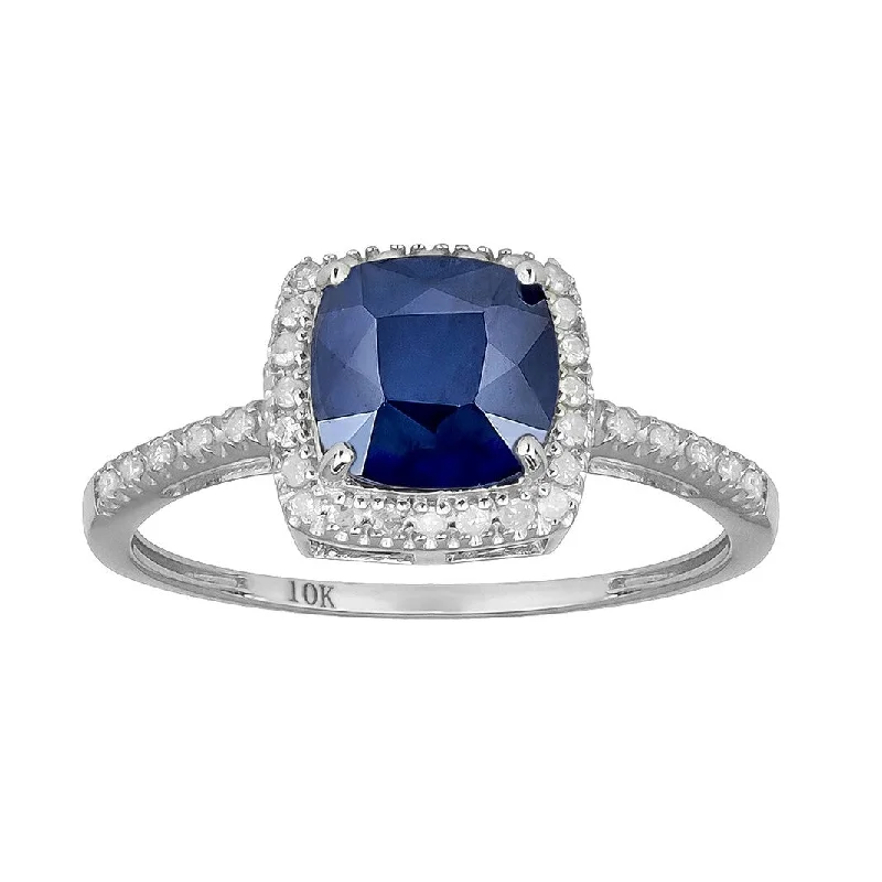 Women’s statement cocktail ring-Viducci 10k White Gold Genuine Cushion-cut Sapphire and Diamond Halo Ring