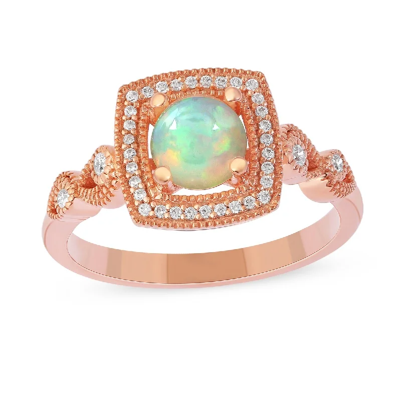 Women’s gemstone ring-Opal Gemstone 1/8ct TDW Diamond Halo Ring in 10k Rose Gold