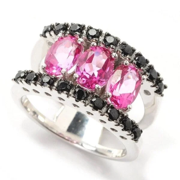 Women’s boho style ring-Sterling Silver with Natural Pink Topaz and Black Spinel Three Stone Ring