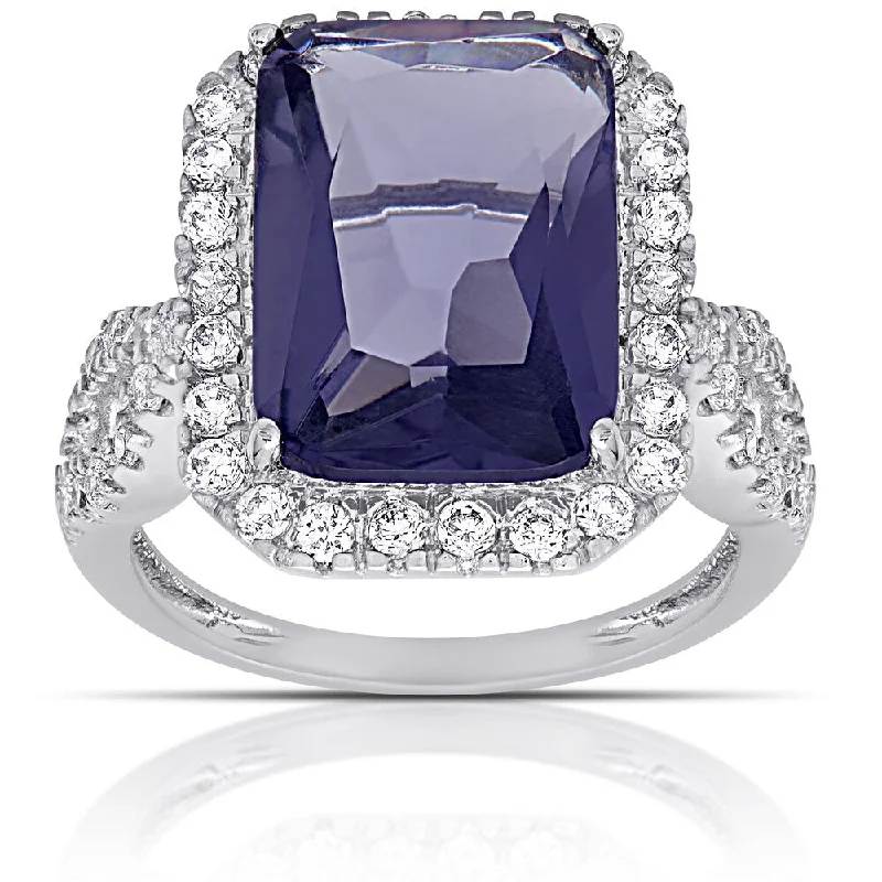 Women’s gemstone wedding ring-Dolce Giavonna Silver Overlay Simulated Tanzanite and Cubic Zirconia Emerald-cut Ring (Size 7)