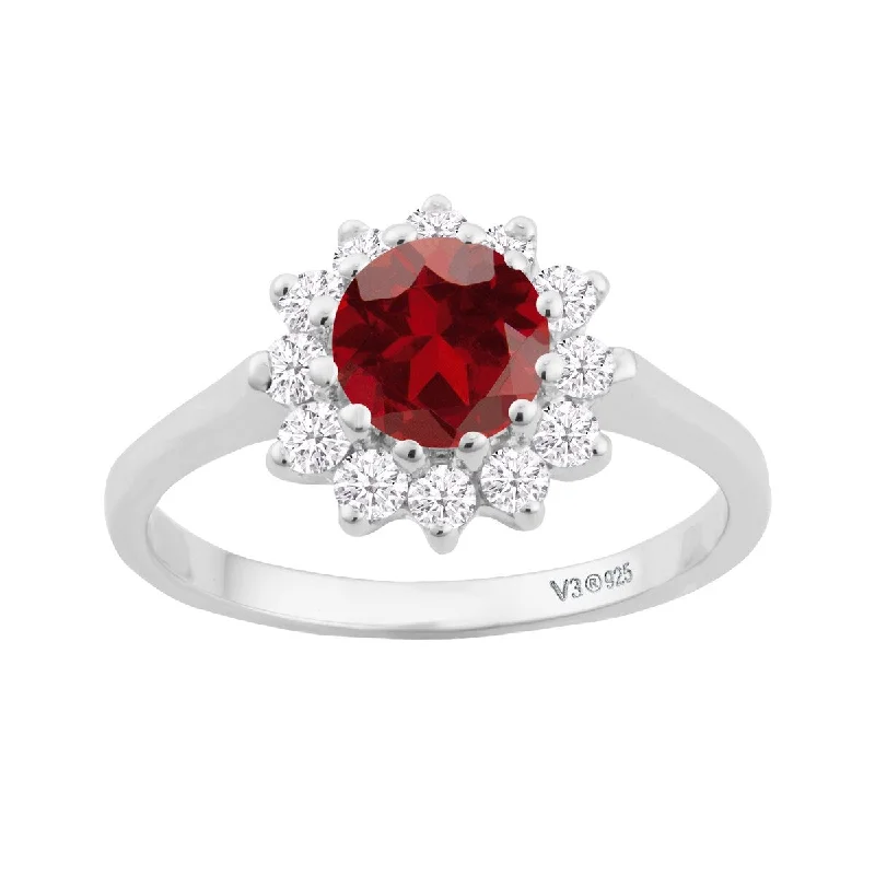 Women’s band ring-Sterling Silver with Natural Garnet and White Topaz Halo Ring