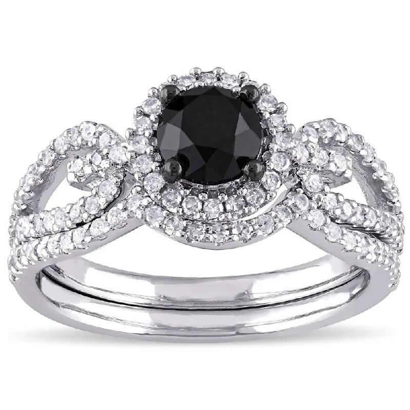 Women’s intricate design ring-Miadora 10k White Gold 1 1/2ct TDW Black and White Diamond Halo Bridal Ring Set