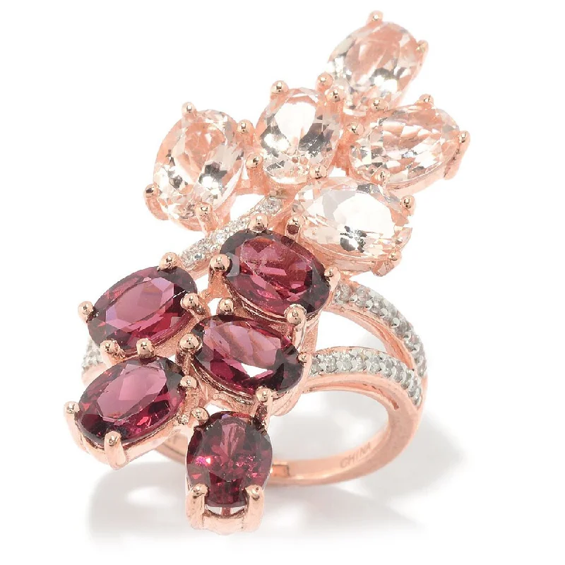 Women’s diamond halo ring-18k Rose Gold Vermeil Over Silver Rhodolite, Morganite and White Zircon Elongated Ring