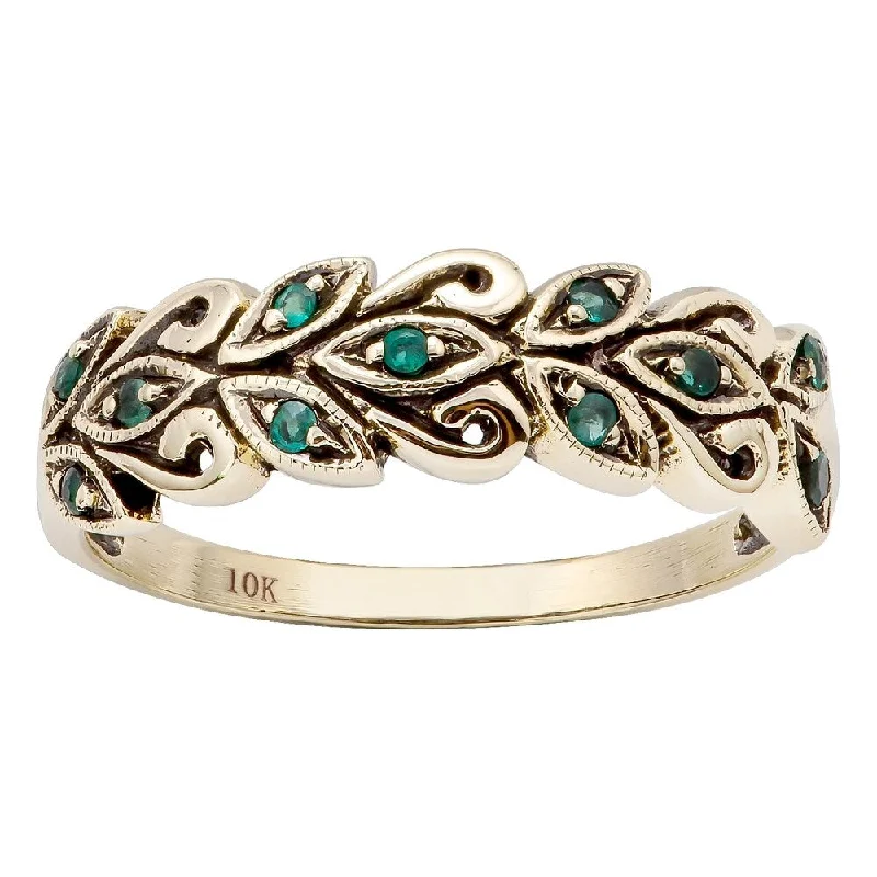 Women’s floral design ring-Viducci 10k Yellow Gold Genuine Emerald Scroll Anniversary Ring