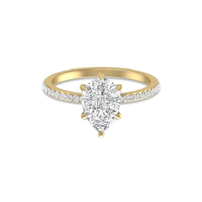 Women’s fashion ring-Marquee 14K Yellow Gold Hidden Halo Cleo Ring with IGI Certified 2.50 Carat Center Pear Shape Lab-Grown Diamond