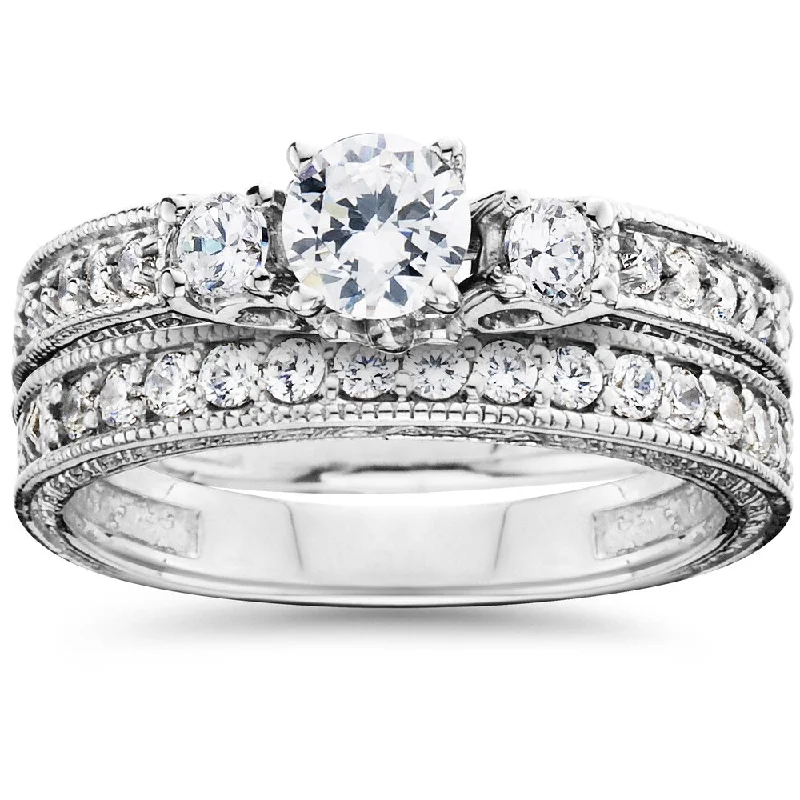 Women’s sapphire ring-14k White Gold 1 1/3ct TDW Diamond Vintage Bridal Ring Set