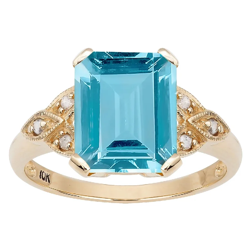 Women’s birthstone ring-Viducci 10k Yellow Gold Vintage Style Genuine Blue Topaz and Diamond Ring