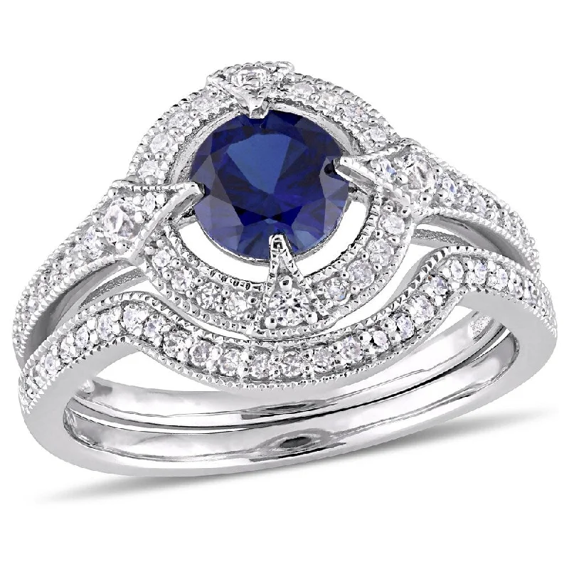 Women’s romantic promise ring-Miadora Sterling Silver Created Blue and White Sapphire 1/3ct TDW Diamond Halo Bridal Ring Set