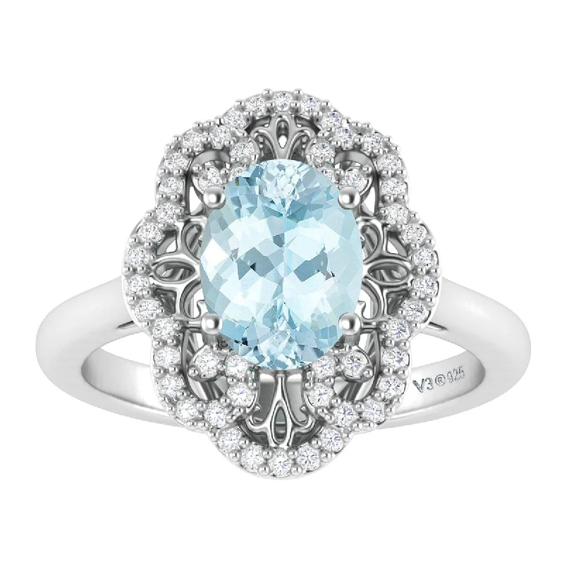 Women’s statement ring-Sterling Silver with Natural Aquamarine and White Topaz Cluster Ring