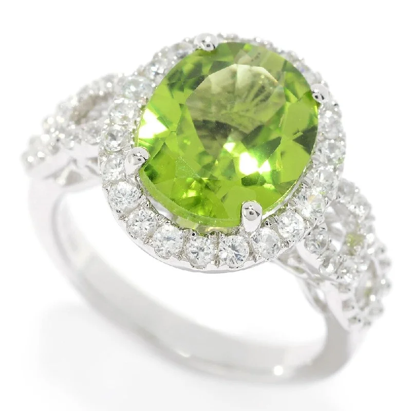 Women’s stackable silver rings-Sterling Silver 12 x 10mm Peridot & White Zircon Halo Ring