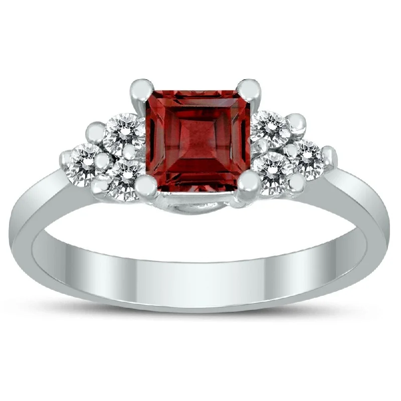 Women’s ring set-Princess Cut 5X5MM Garnet and Diamond Duchess Ring in 10K White Gold