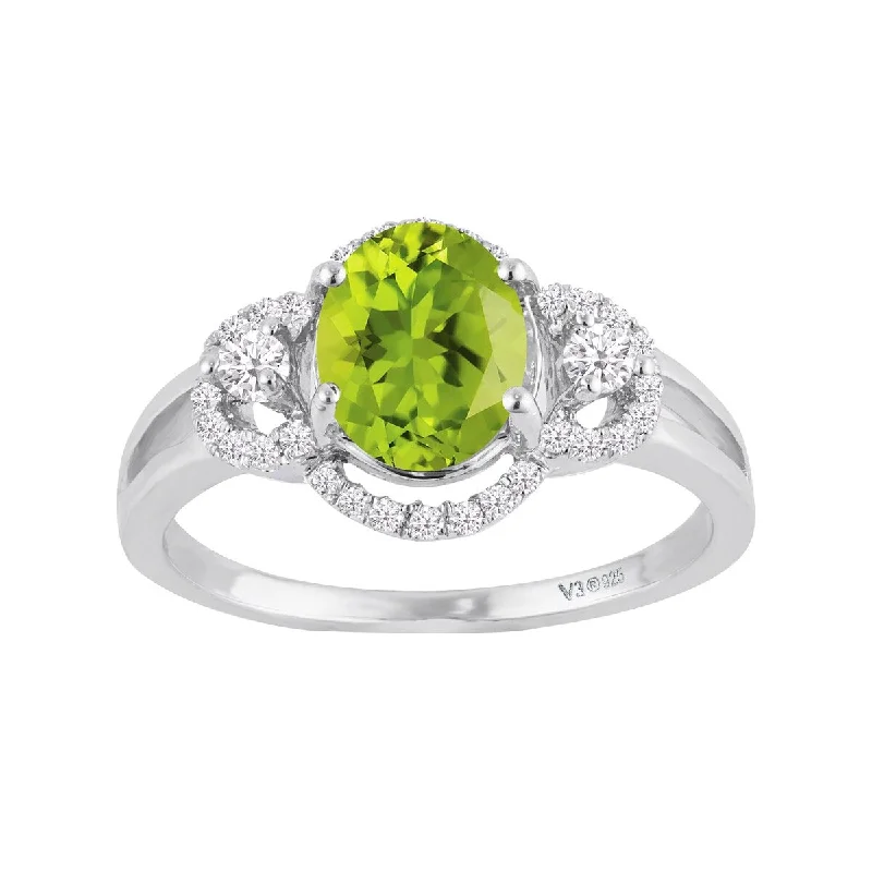 Women’s classic wedding ring-Sterling Silver with Natural Peridot and White Zircon Halo Ring