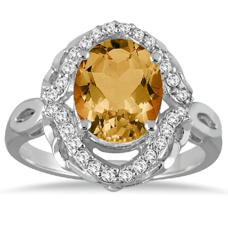 Women’s gemstone wedding ring-3 1/2 Carat Oval Citrine and Diamond Ring in 10K White Gold