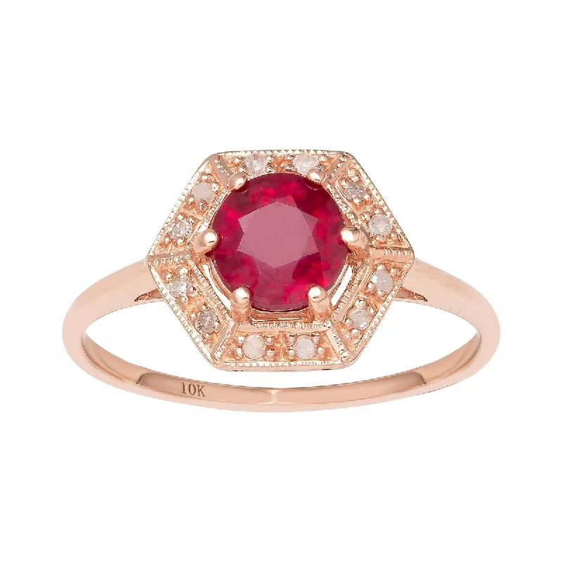 Women’s delicate ring-Viducci 10k Rose Gold Vintage Style Genuine Round Ruby and Diamond Halo Ring