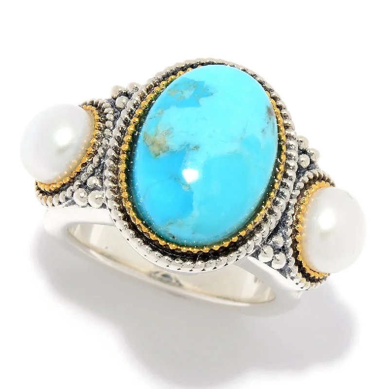 Women’s birthstone ring-925 Sterling Silver Fresh Water Pearl and Blue Mohave Turquoise Ring