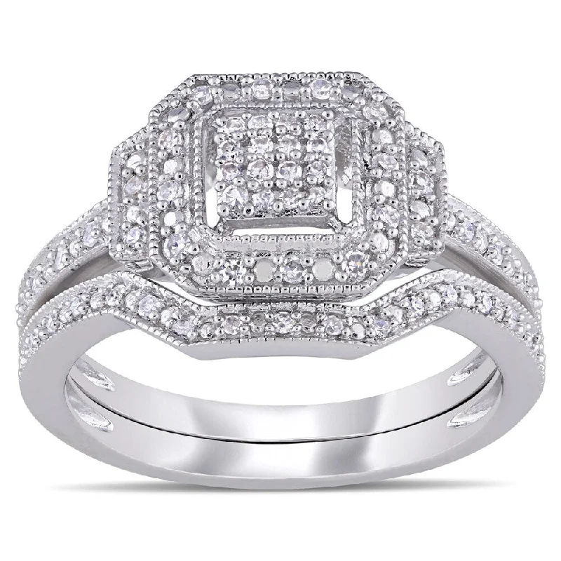 Women’s cubic zirconia wedding ring-Miadora Sterling Silver 1/4ct TDW Diamond Cluster Square Halo Bridal Ring Set