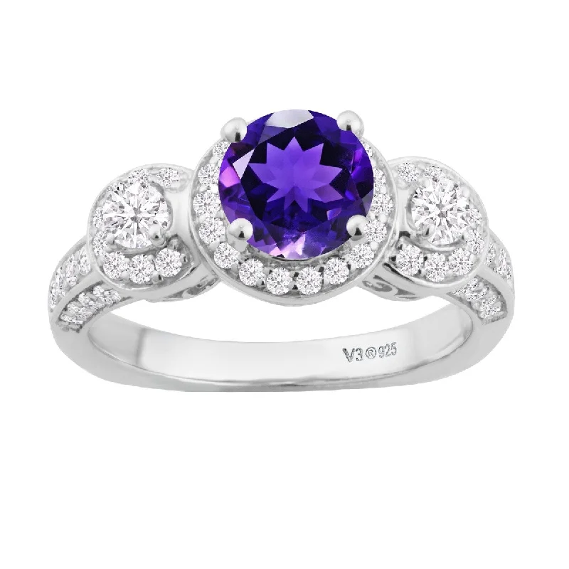 Women’s designer ring-Sterling Silver Amethyst,Moissanite,White Diamond Three Stone Ring