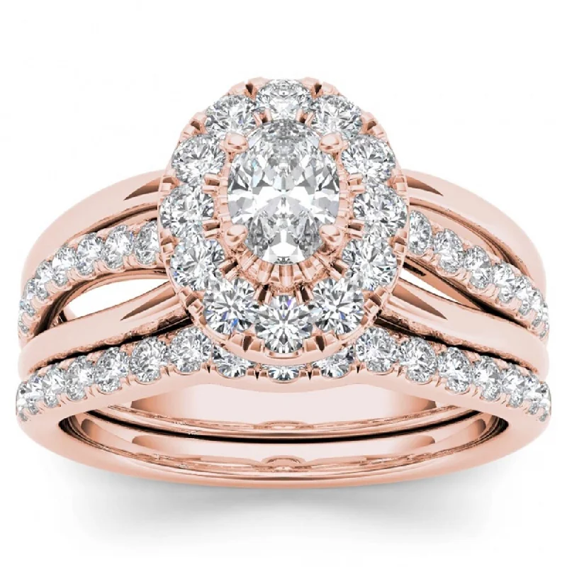 Women’s minimalist ring-De Couer 14k Rose Gold 1ct TDW Oval Shape Diamond Halo Bridal Ring Set