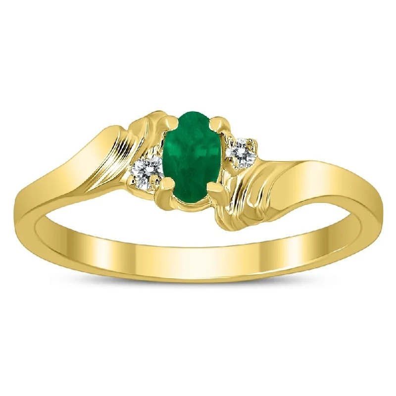 Women’s eternity ring-5X3MM Emerald and Diamond Wave Ring in 10K Yellow Gold